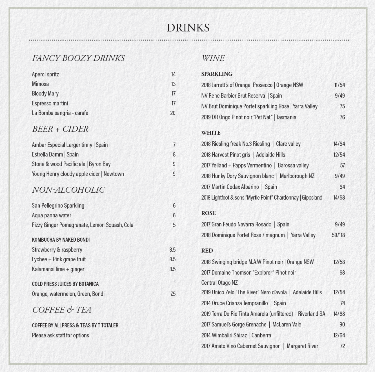 Menu, La Bomba Cafe & Restaurant Potts Point