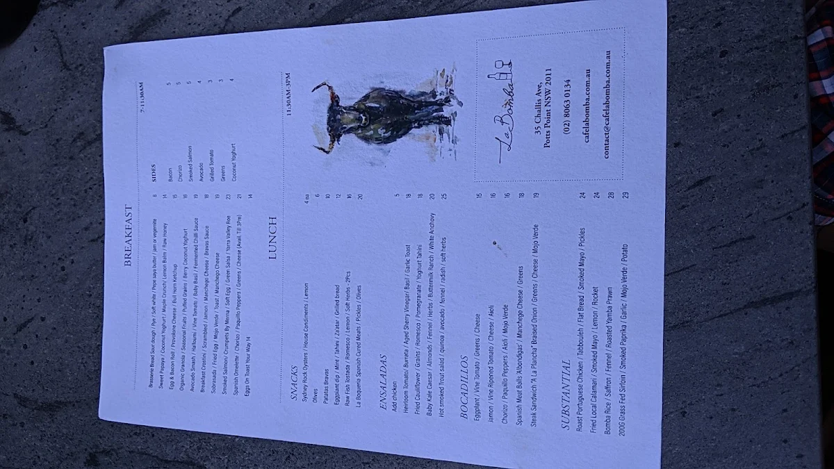 Menu, La Bomba Cafe & Restaurant Potts Point
