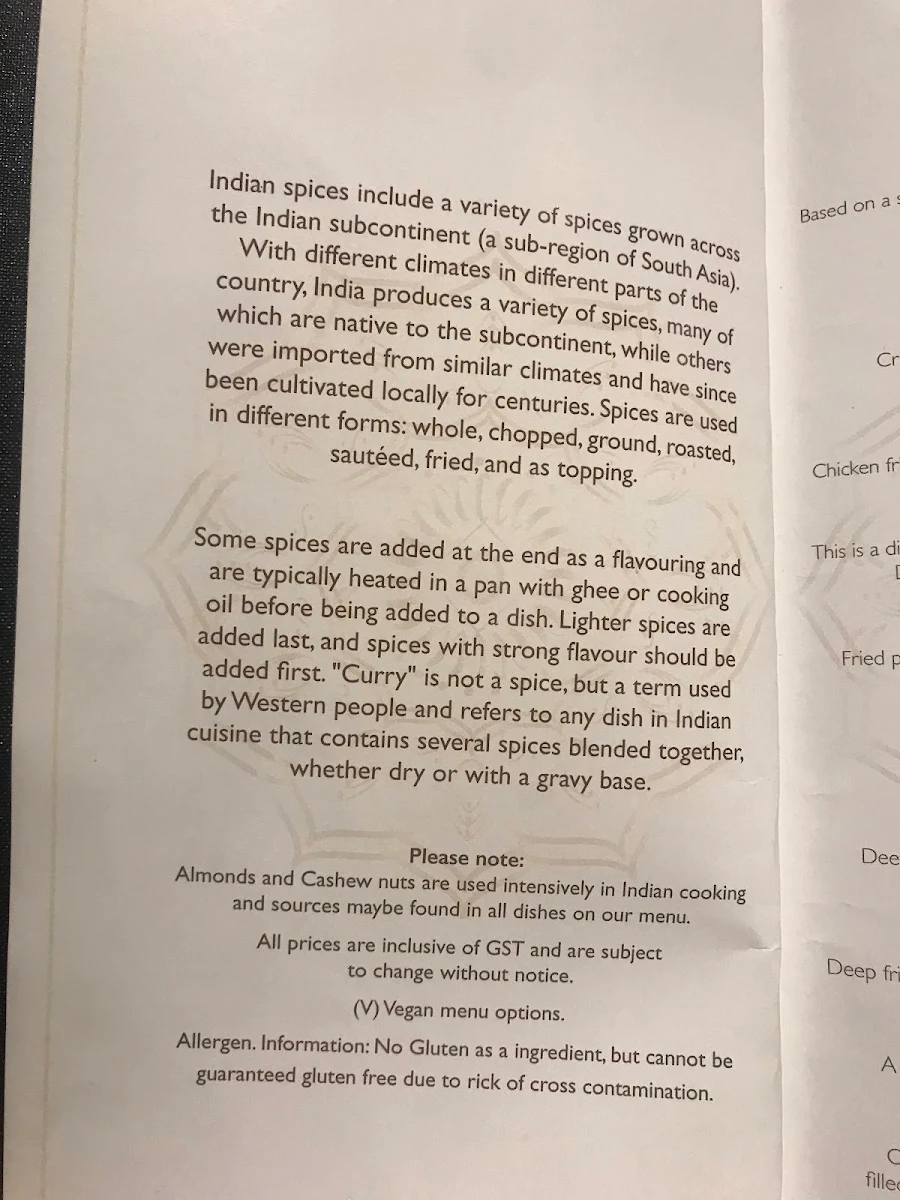 Menu, The Spice Yard