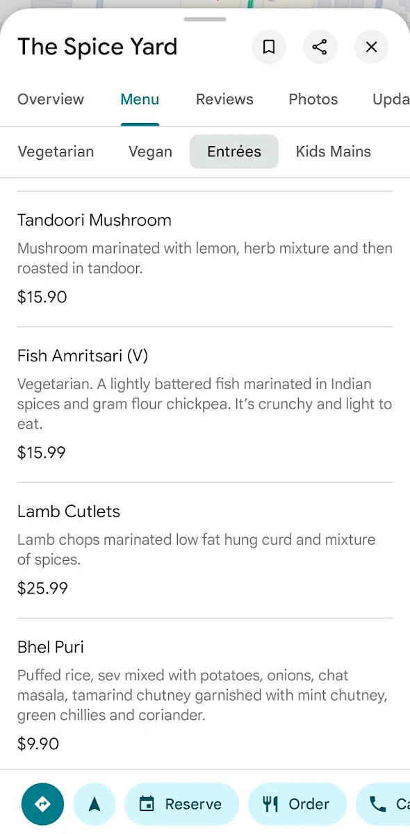 Menu, The Spice Yard