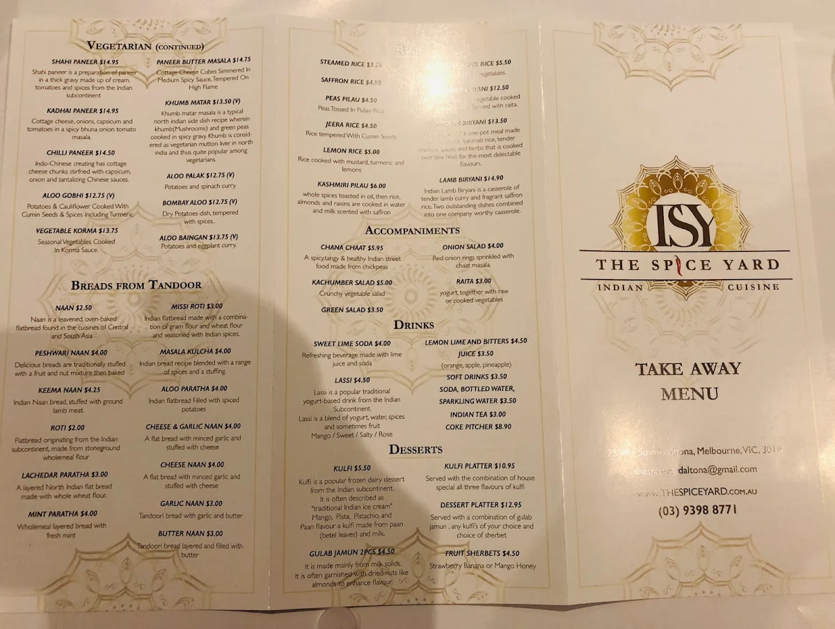 Menu, The Spice Yard