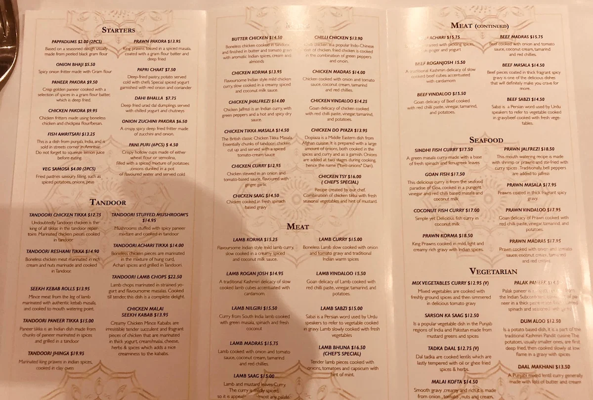 Menu, The Spice Yard