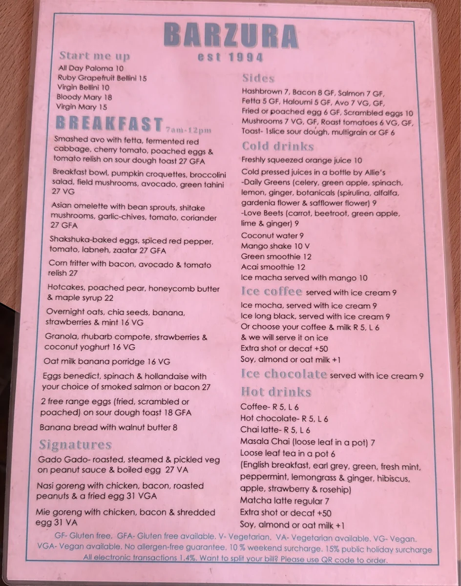 Menu, Barzura