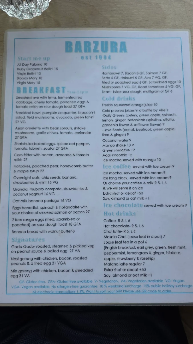 Menu, Barzura