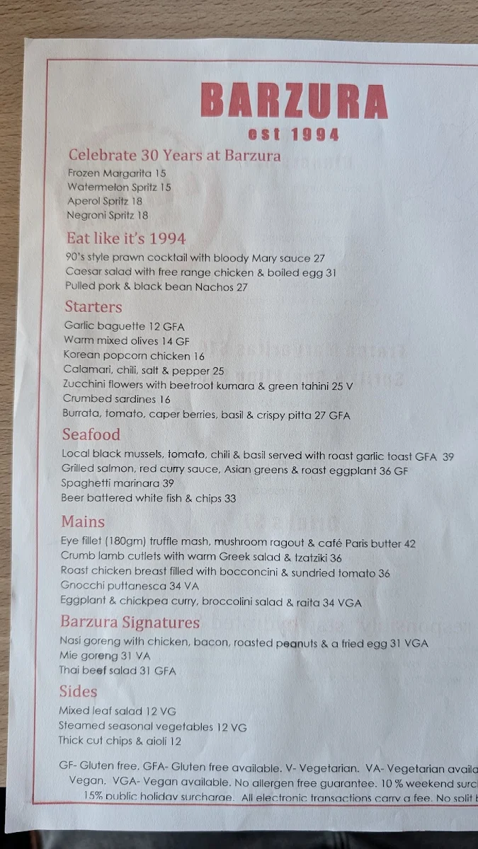 Menu, Barzura