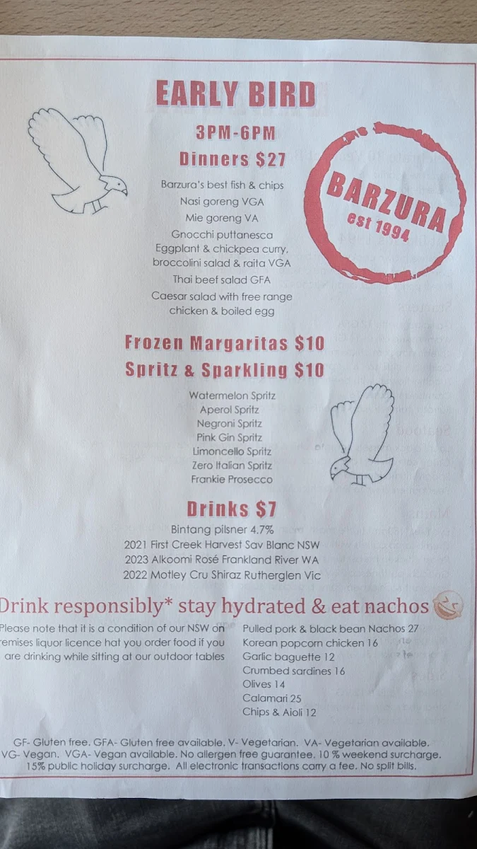 Menu, Barzura