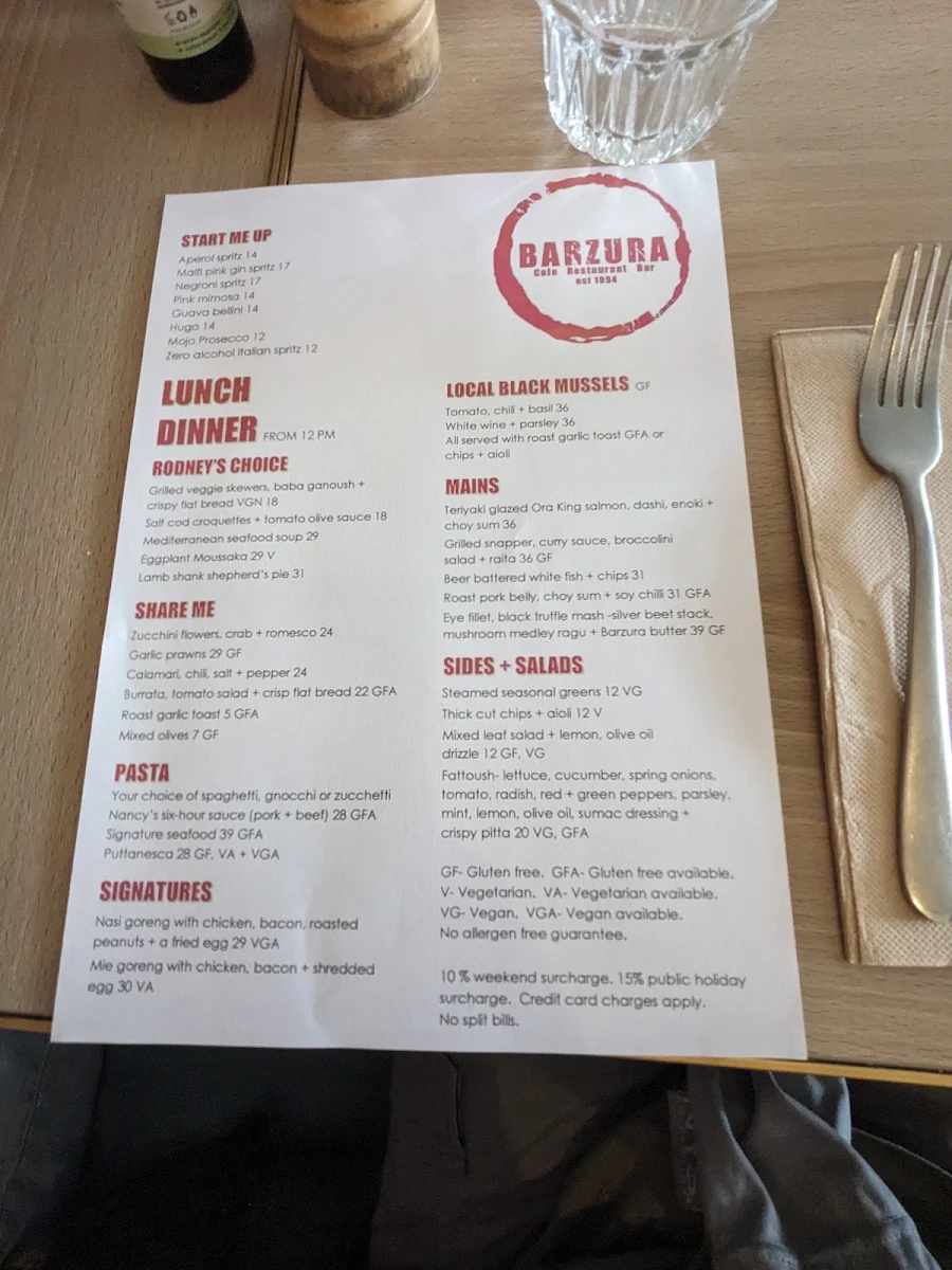 Menu, Barzura