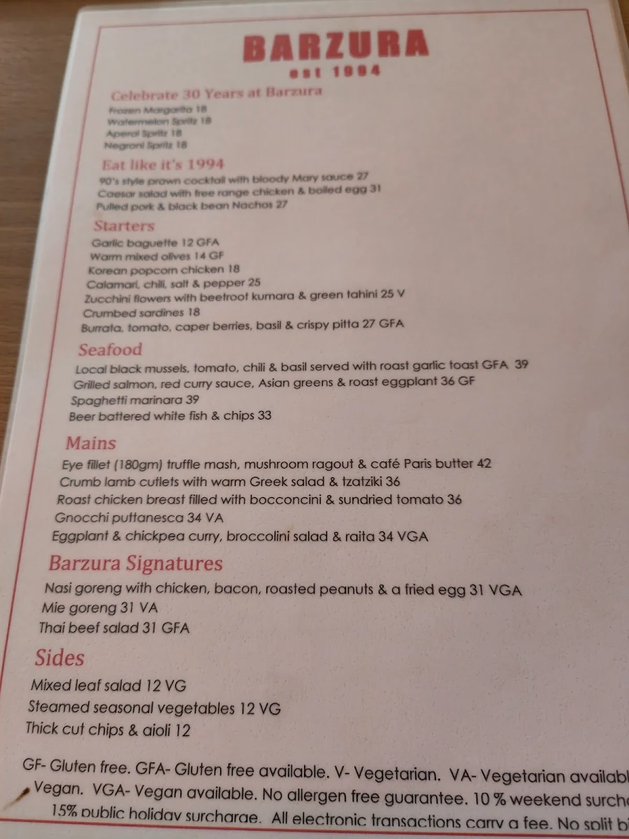 Menu, Barzura
