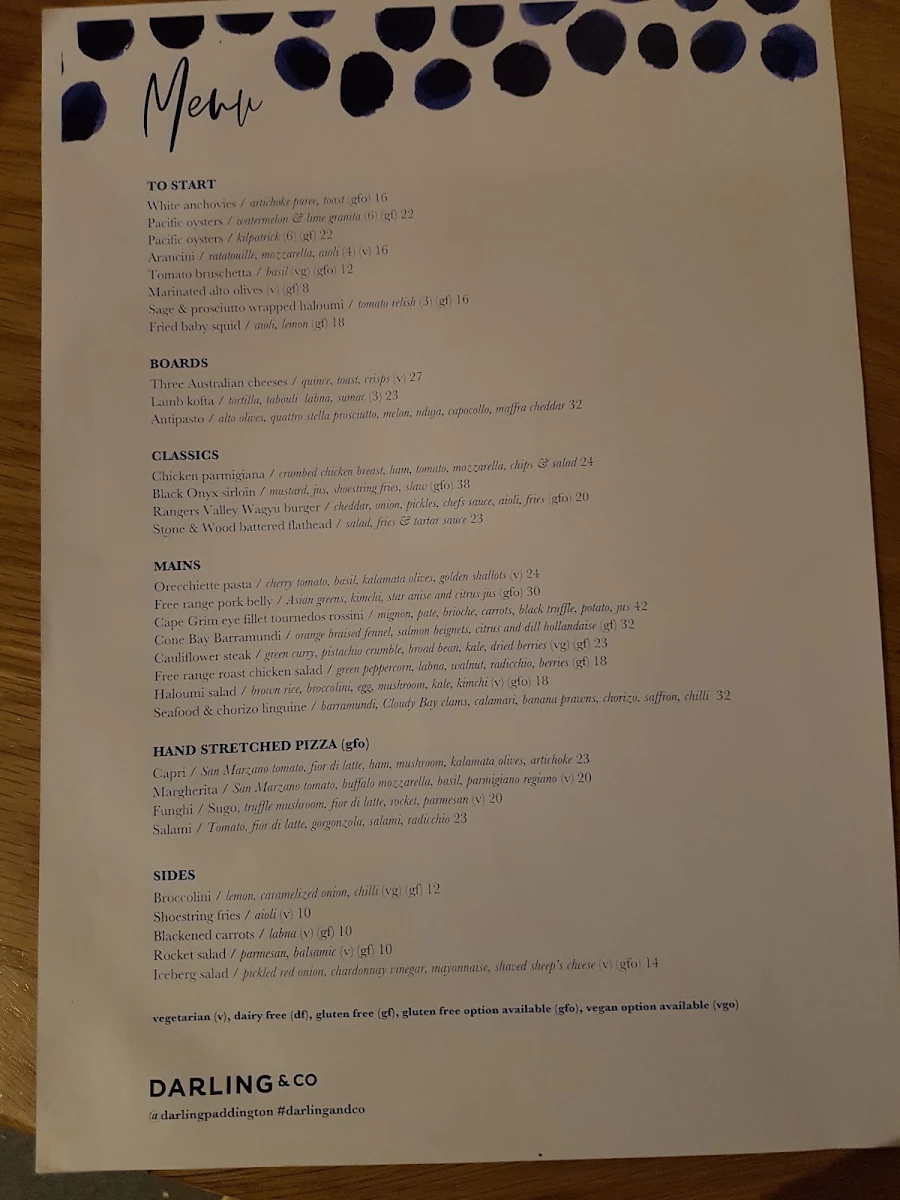 Menu, Darling & Co