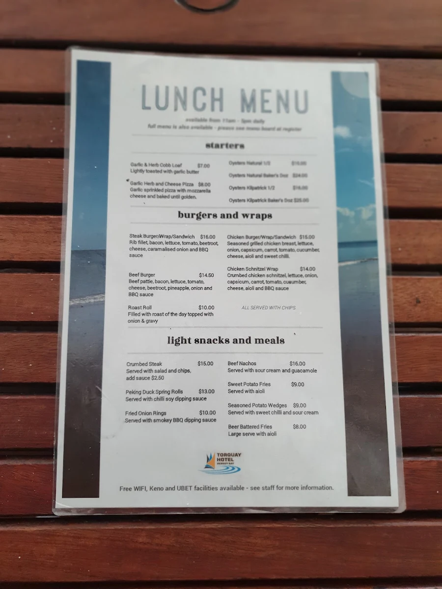 Menu, Torquay Hotel Hervey Bay