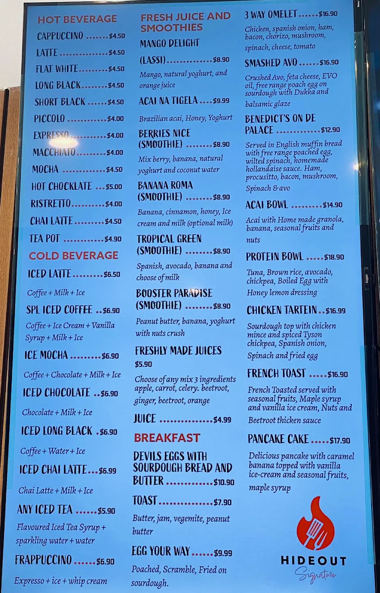 Menu, Hideout Signature Cafe and Restaurant