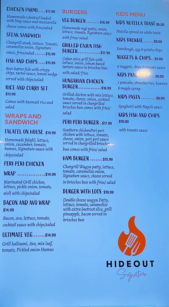 Menu, Hideout Signature Cafe and Restaurant