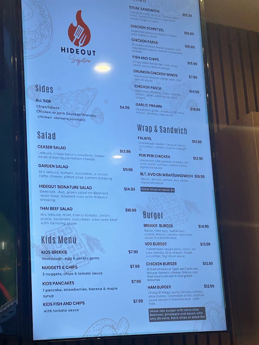 Menu, Hideout Signature Cafe and Restaurant