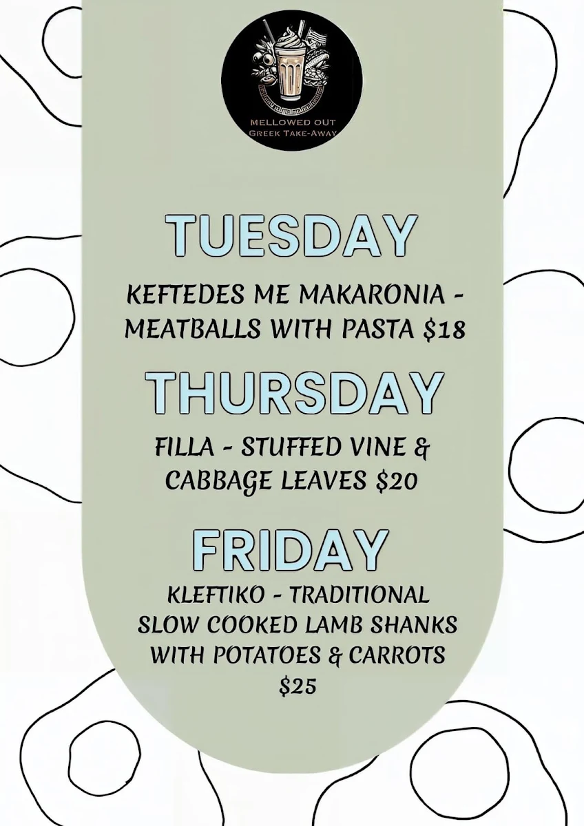 Menu, Mellowed Out Greek Takeaway