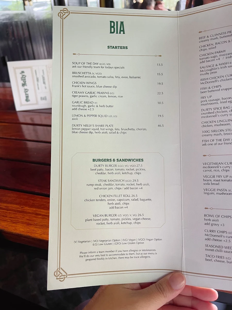 Menu, Durty Nelly's Irish Pub