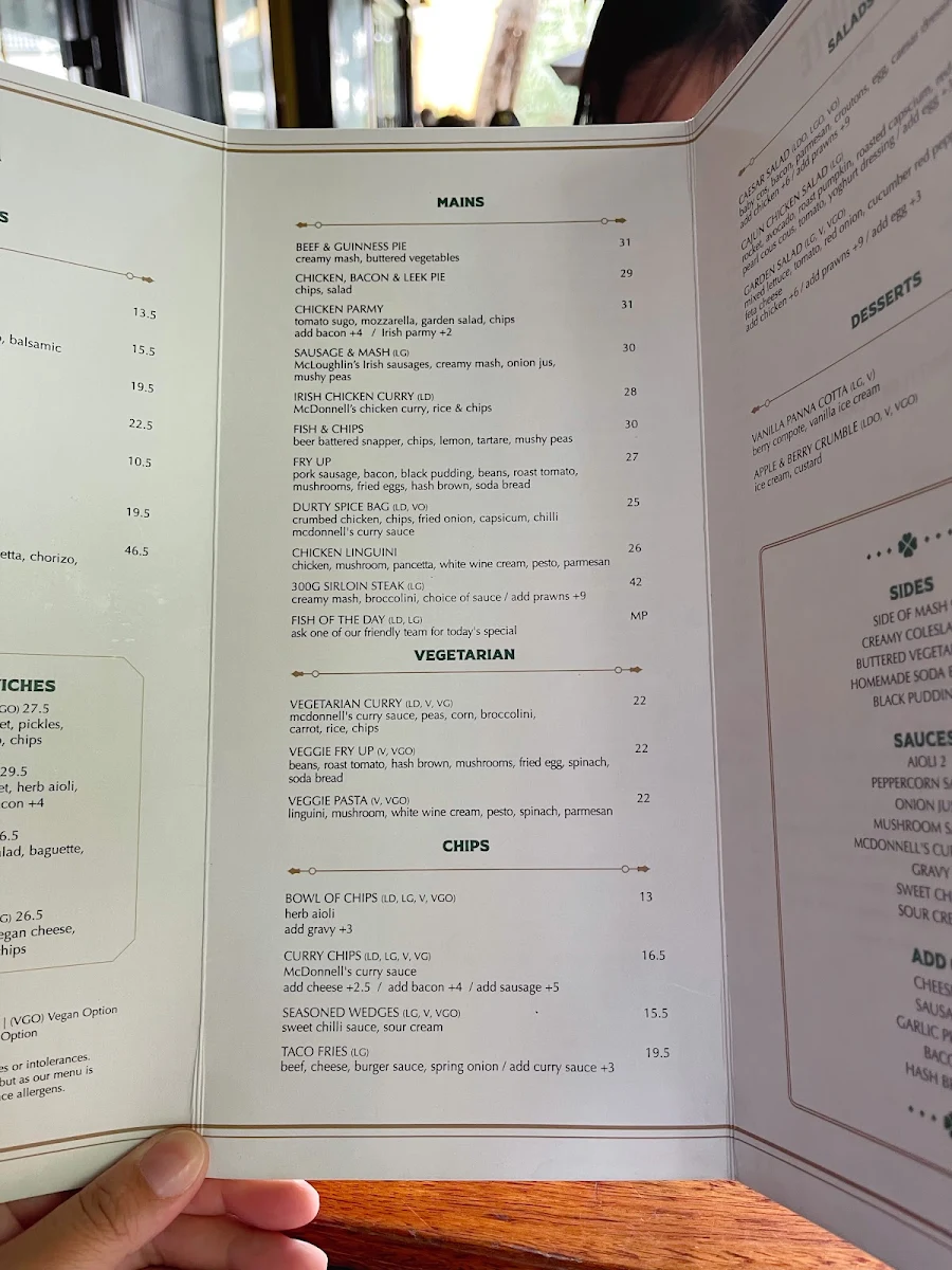 Menu, Durty Nelly's Irish Pub