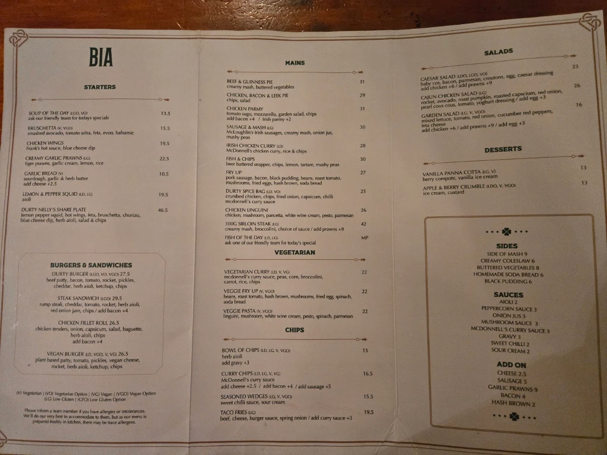Menu, Durty Nelly's Irish Pub