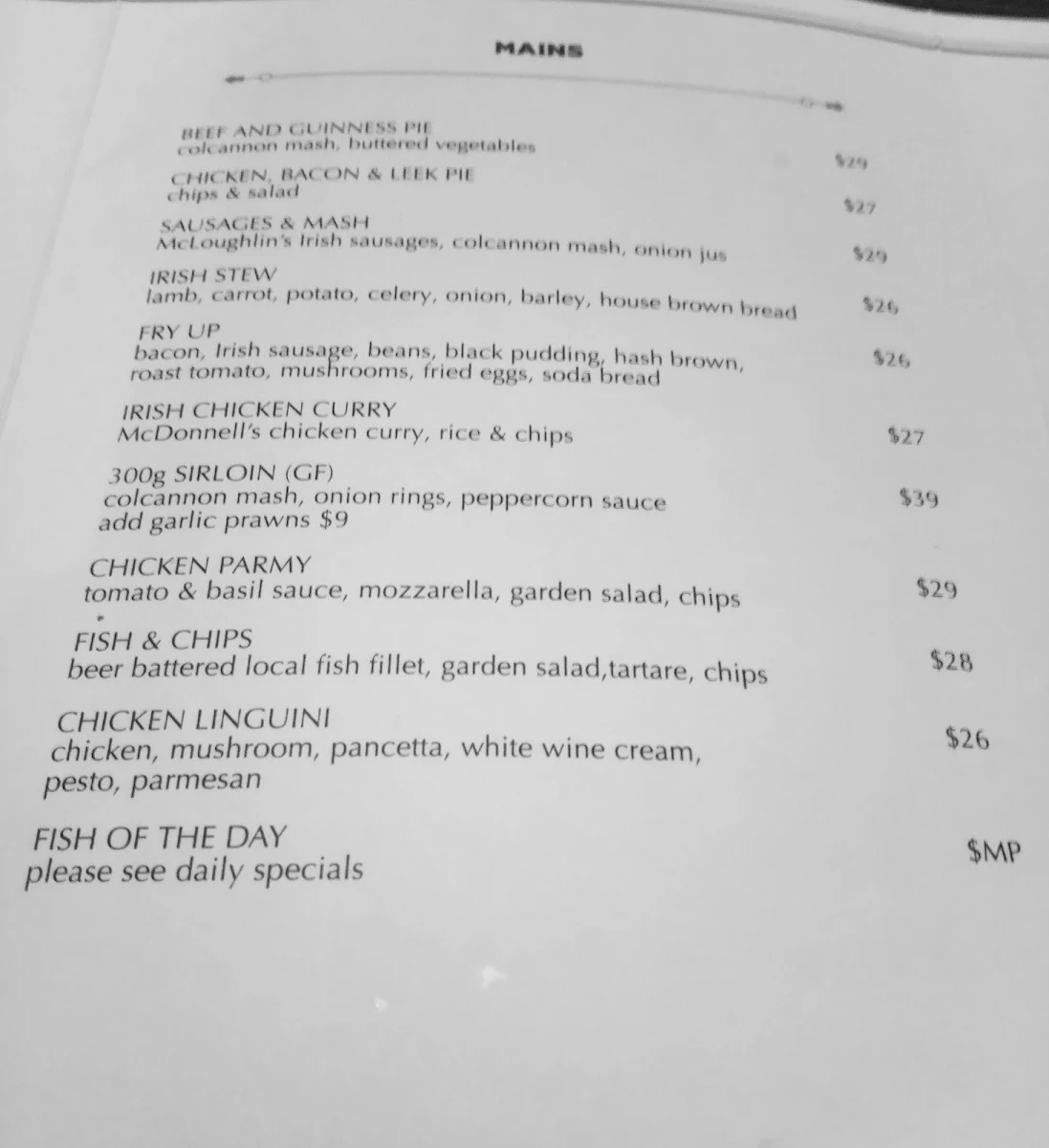 Menu, Durty Nelly's Irish Pub
