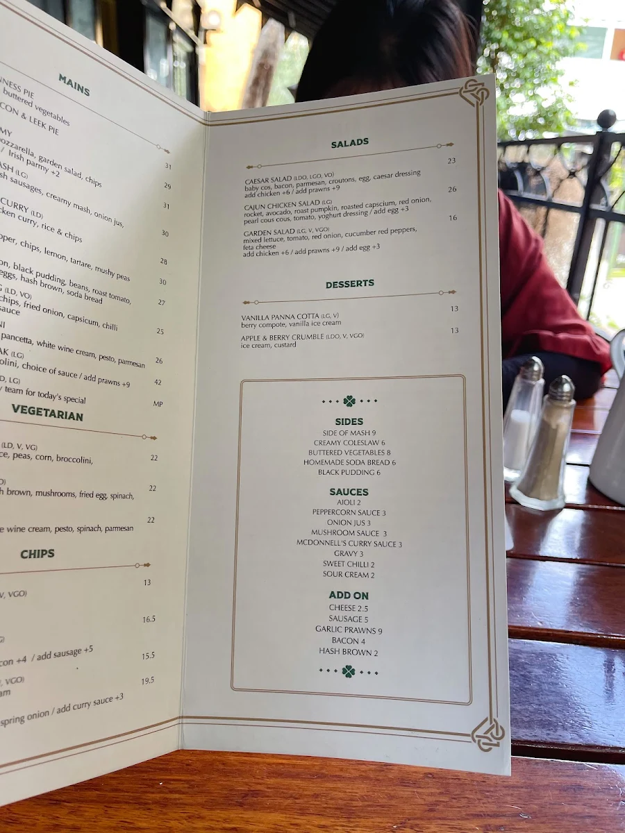 Menu, Durty Nelly's Irish Pub