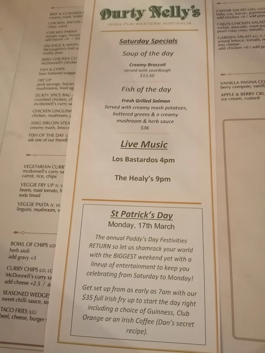 Menu, Durty Nelly's Irish Pub