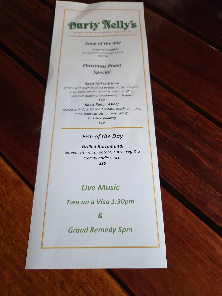 Menu, Durty Nelly's Irish Pub