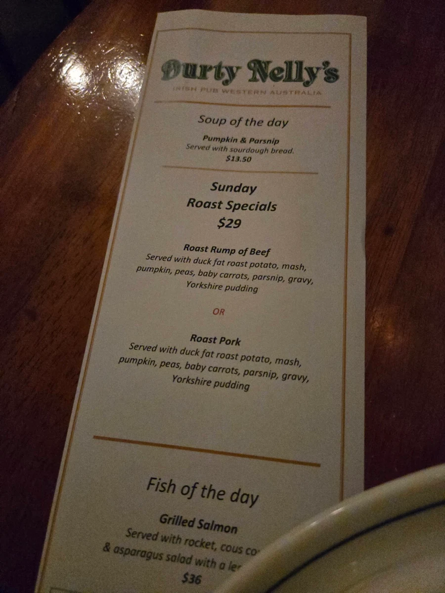 Menu, Durty Nelly's Irish Pub
