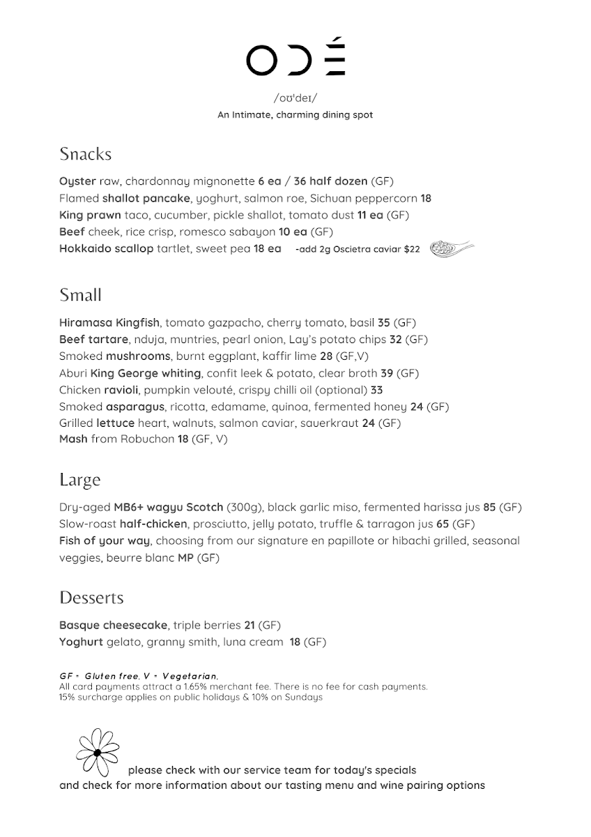Menu, ODÉ Bistro