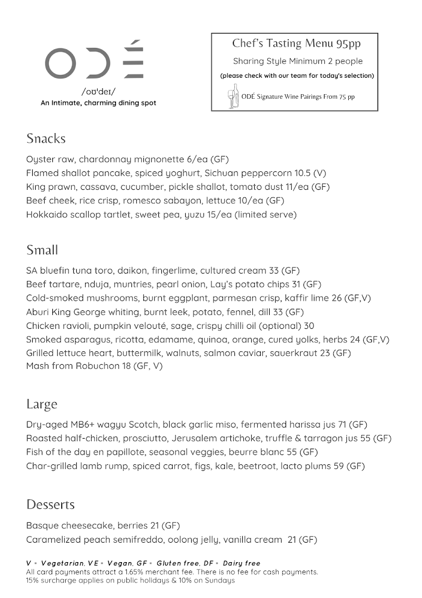 Menu, ODÉ Bistro