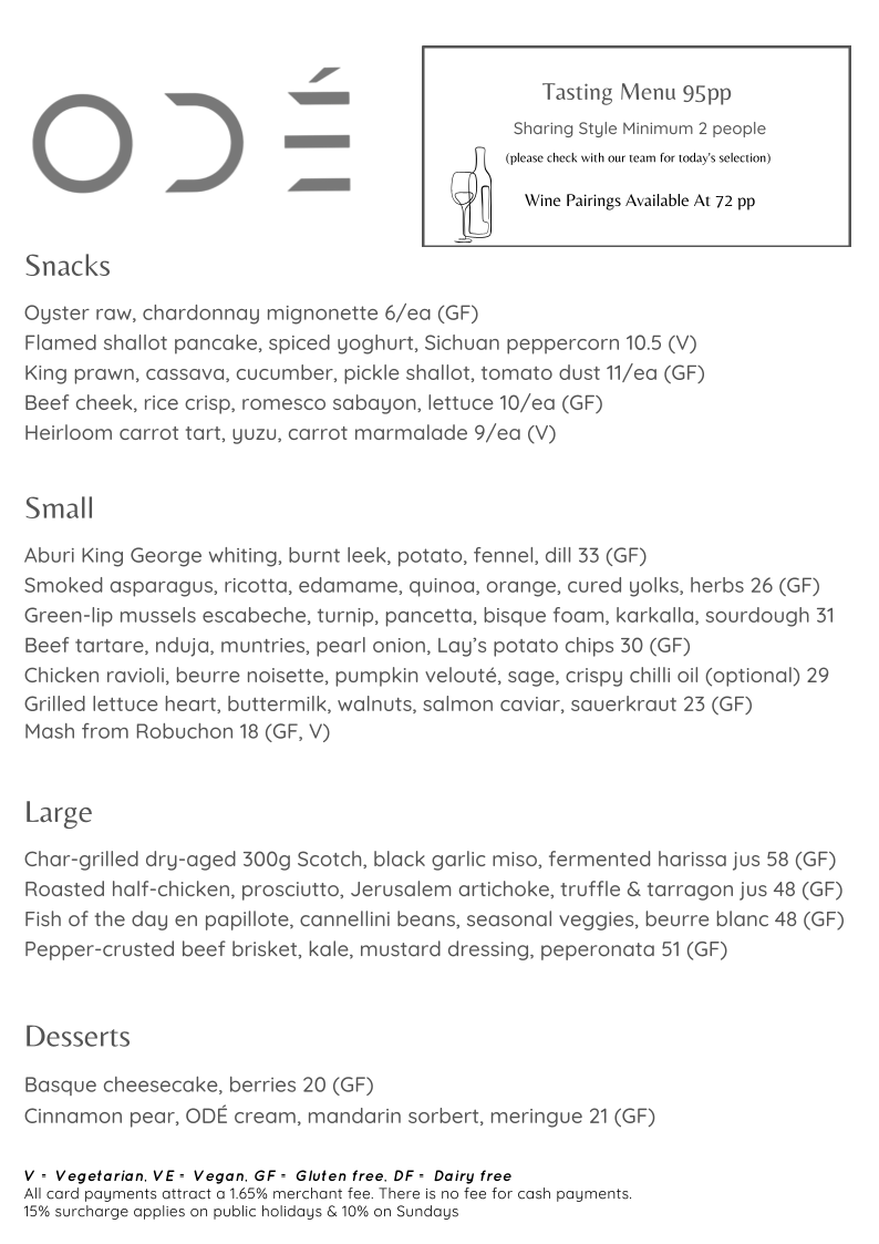 Menu, ODÉ Bistro