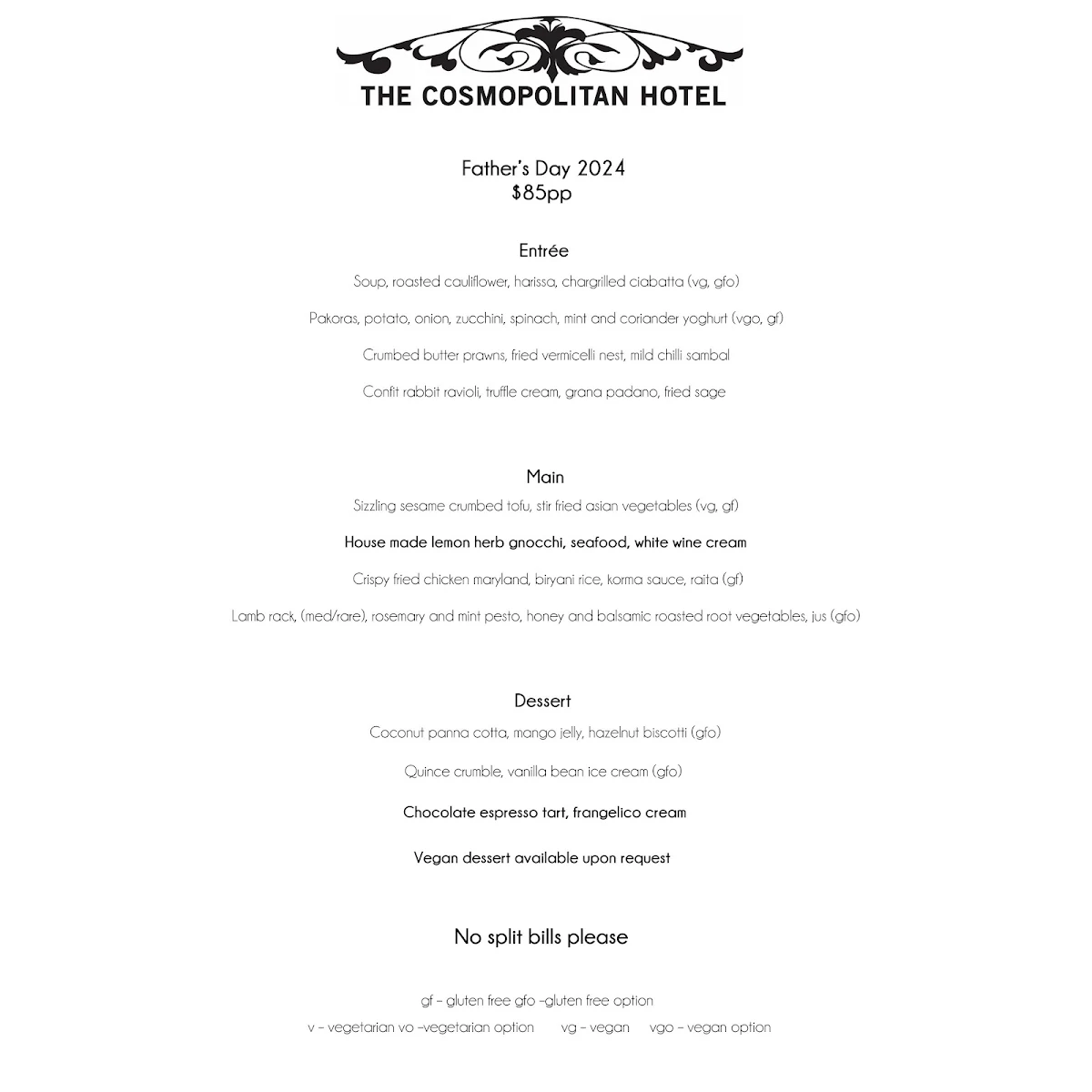 Menu, The Cosmopolitan Hotel, Trentham