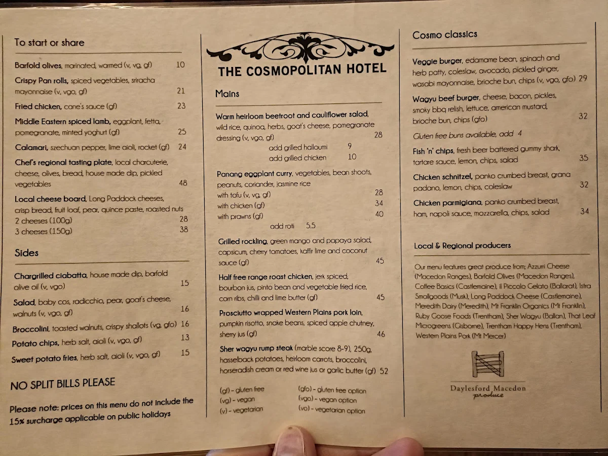 Menu, The Cosmopolitan Hotel, Trentham