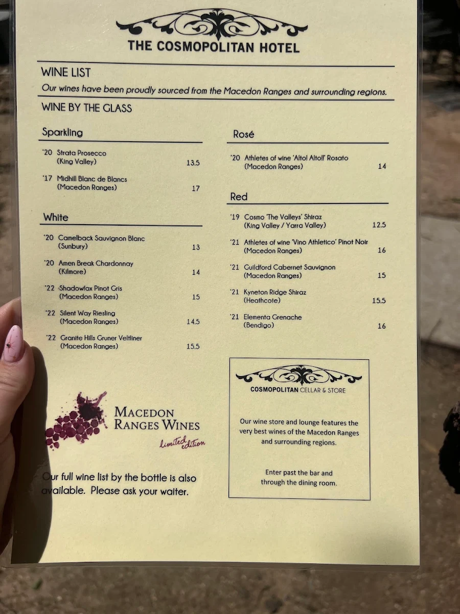 Menu, The Cosmopolitan Hotel, Trentham