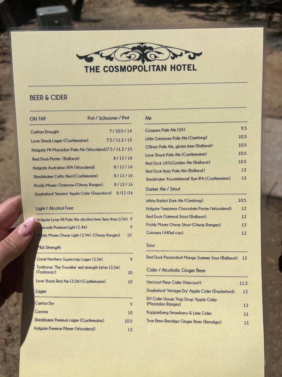Menu, The Cosmopolitan Hotel, Trentham