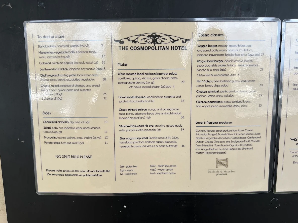 Menu, The Cosmopolitan Hotel, Trentham