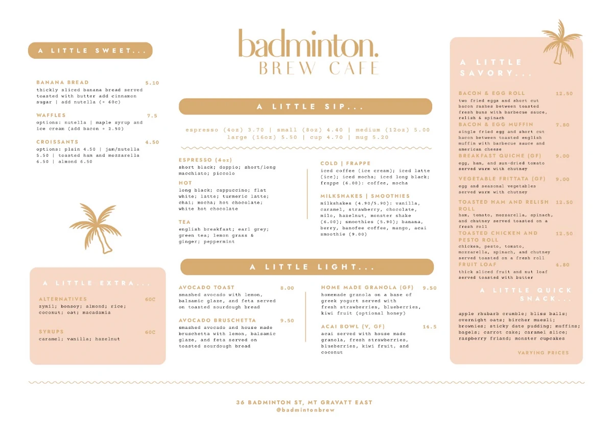 Menu, Badminton Brew