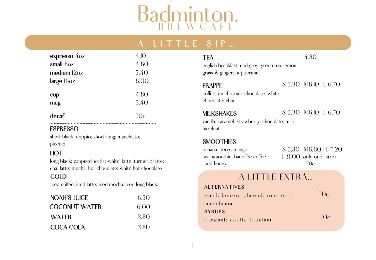 Menu, Badminton Brew