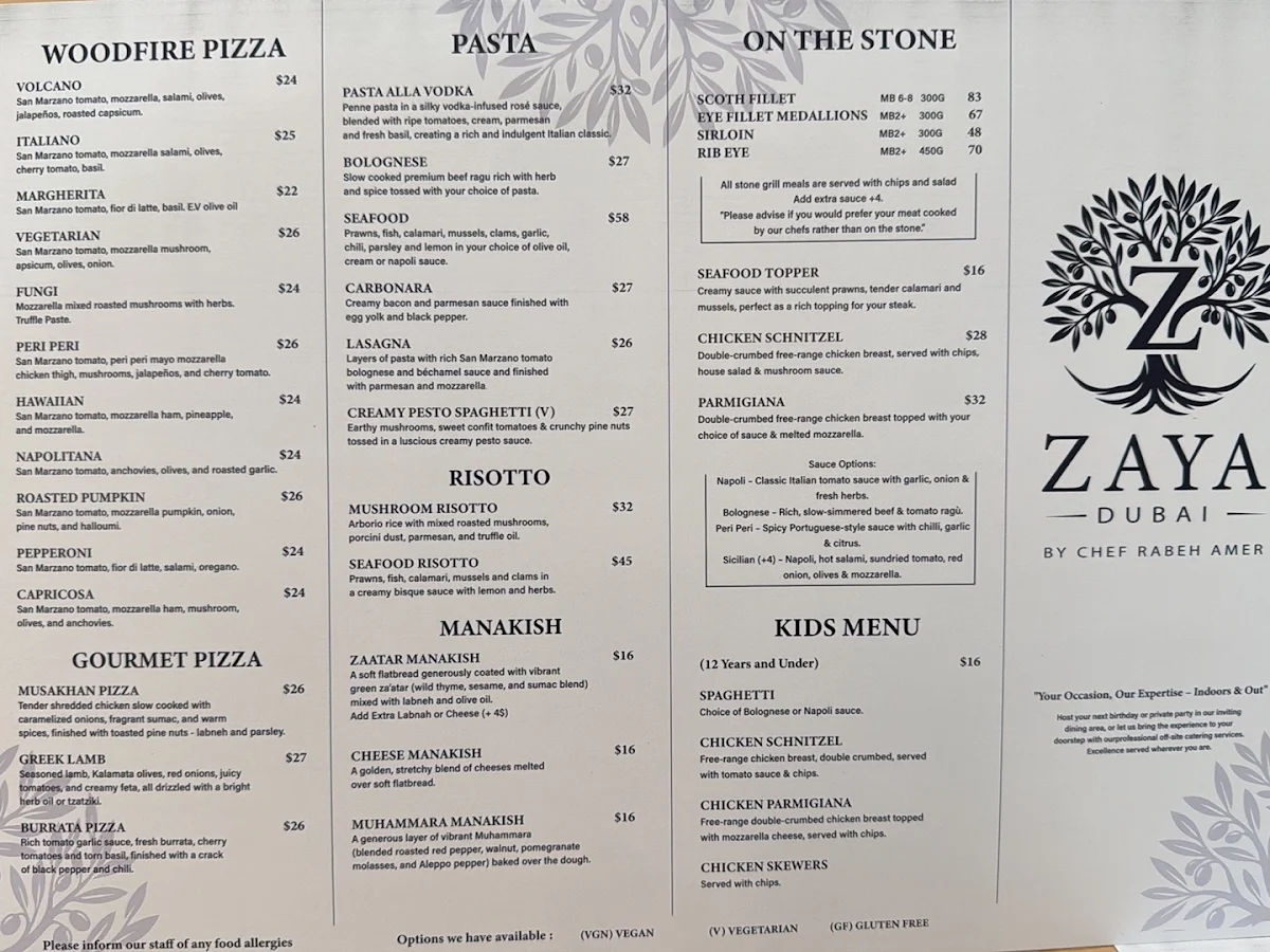 Menu, Zaya Dubai