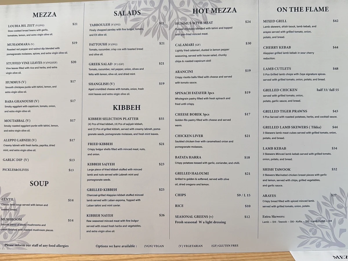Menu, Zaya Dubai