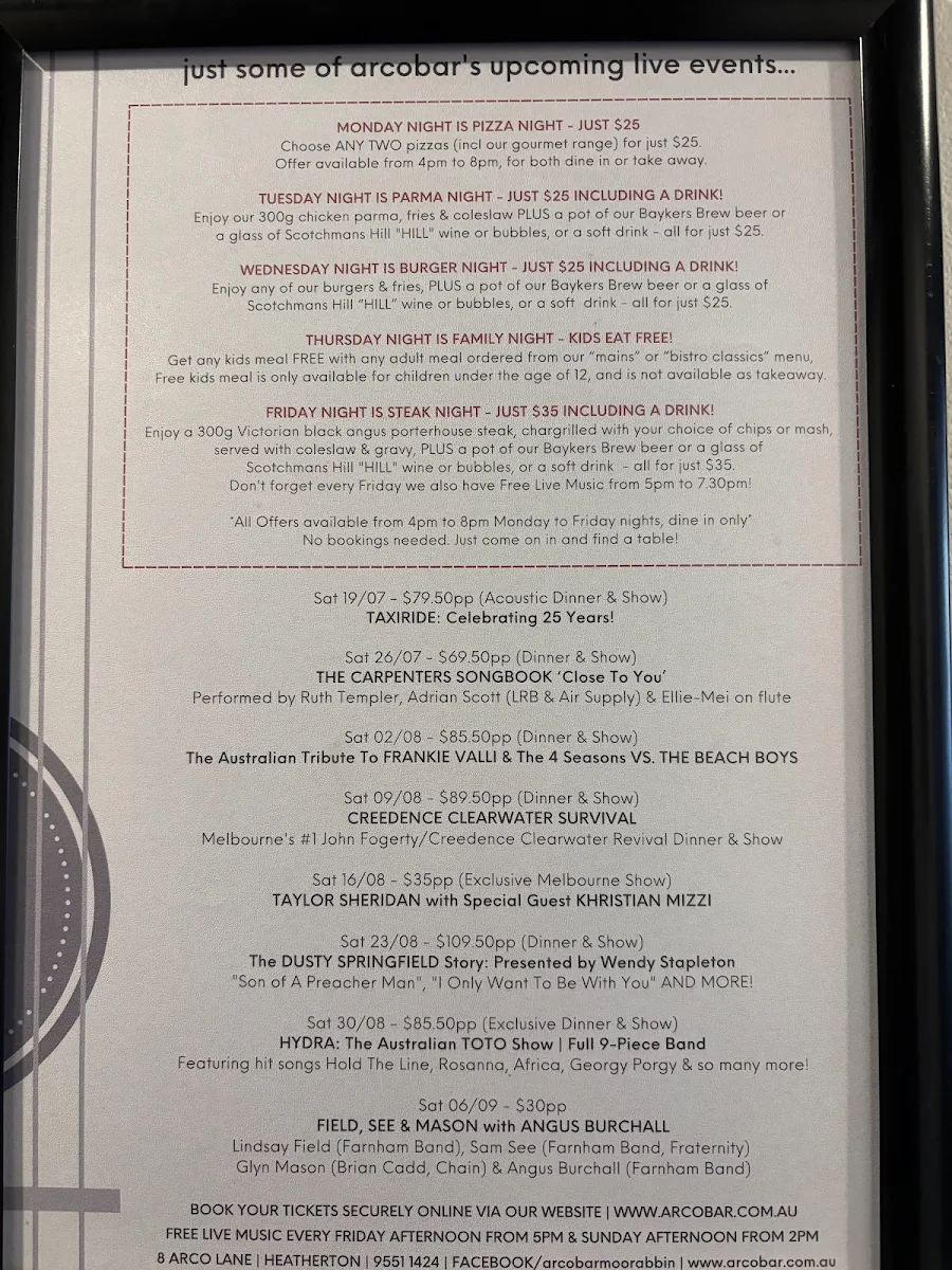 Menu, arcobar heatherton