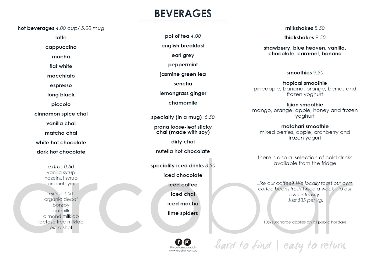 Menu, arcobar heatherton