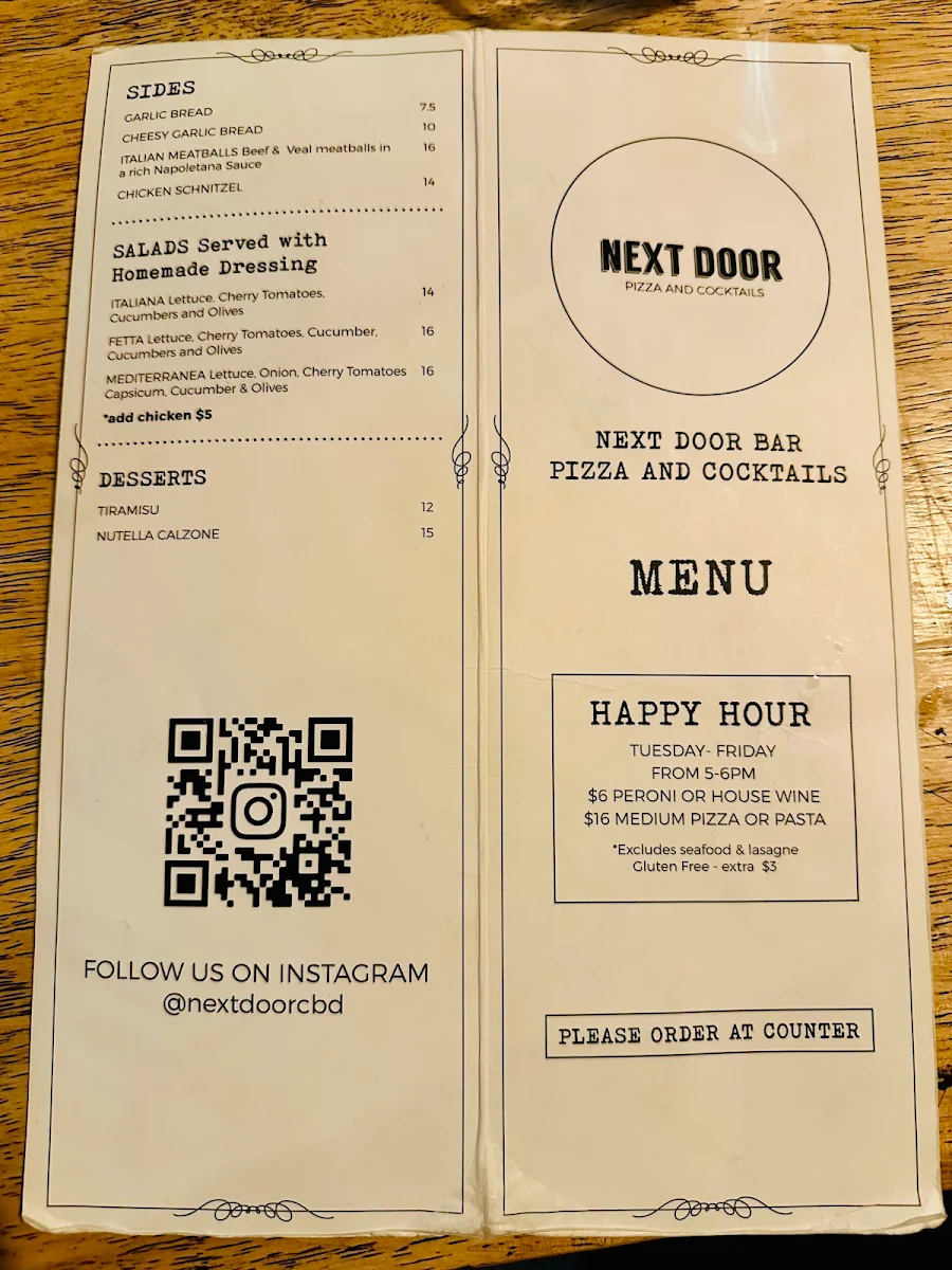Menu, Next Door CBD Restaurant & Bar