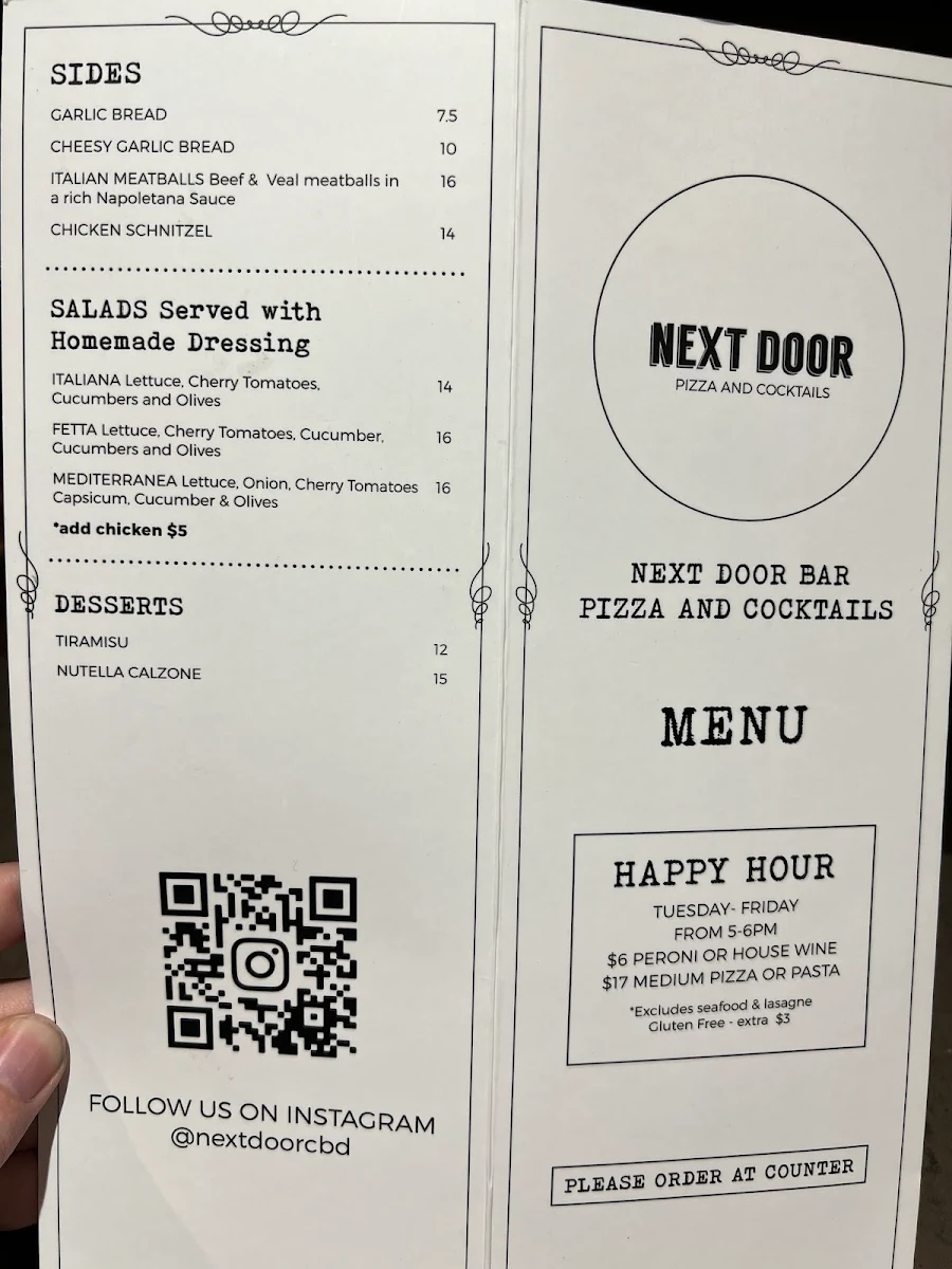 Menu, Next Door CBD Restaurant & Bar