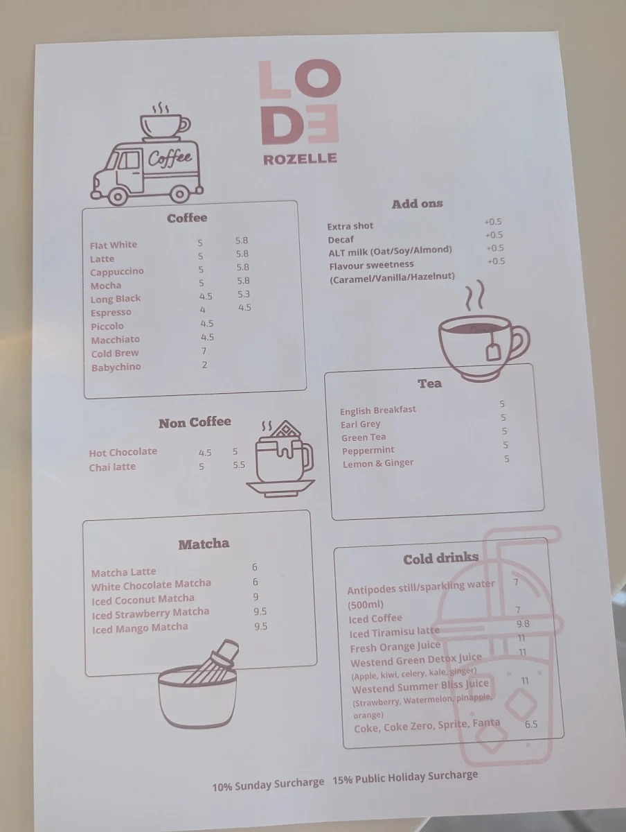 Menu, Lode Pies & Pastries Rozelle