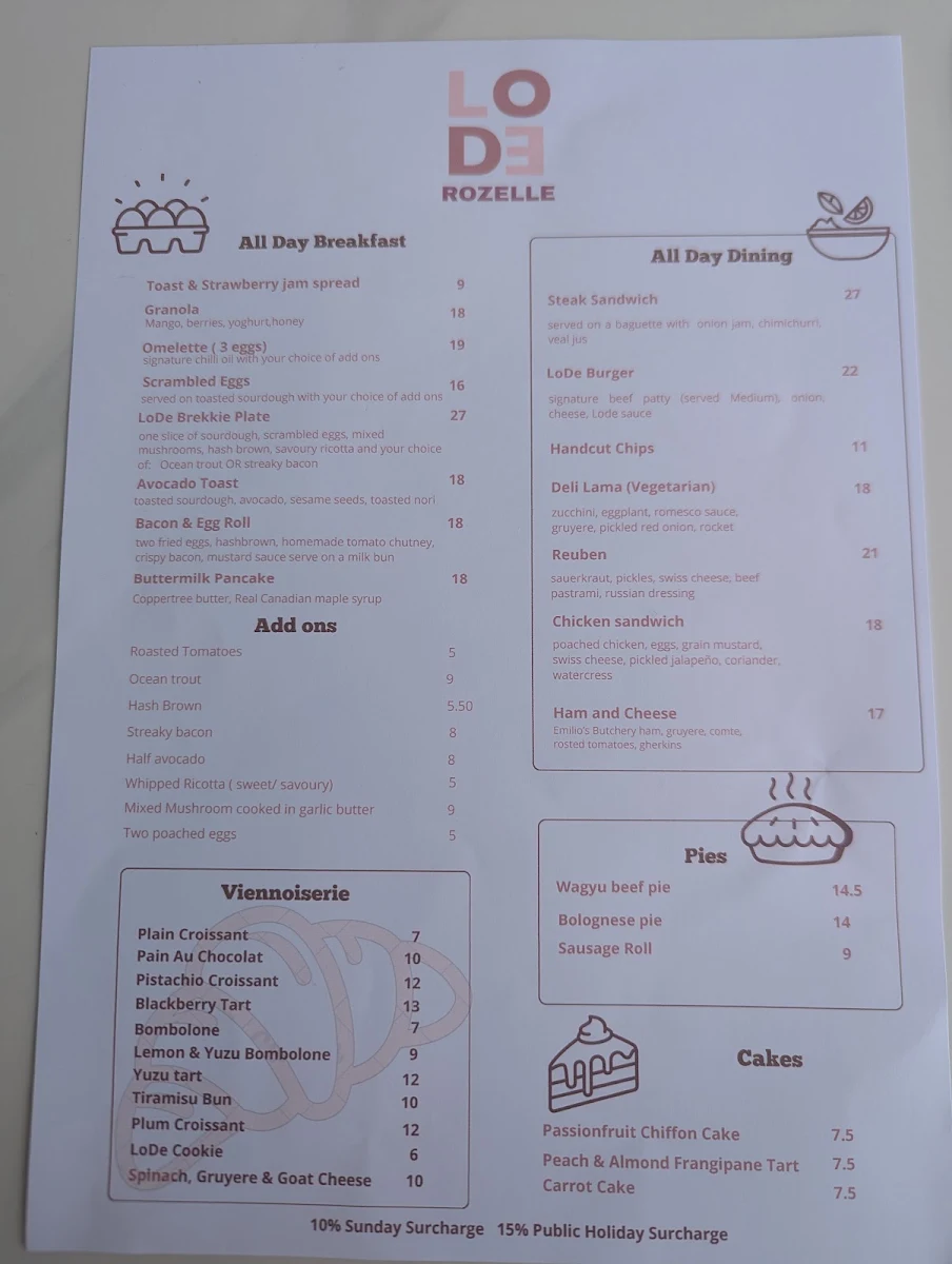 Menu, Lode Pies & Pastries Rozelle