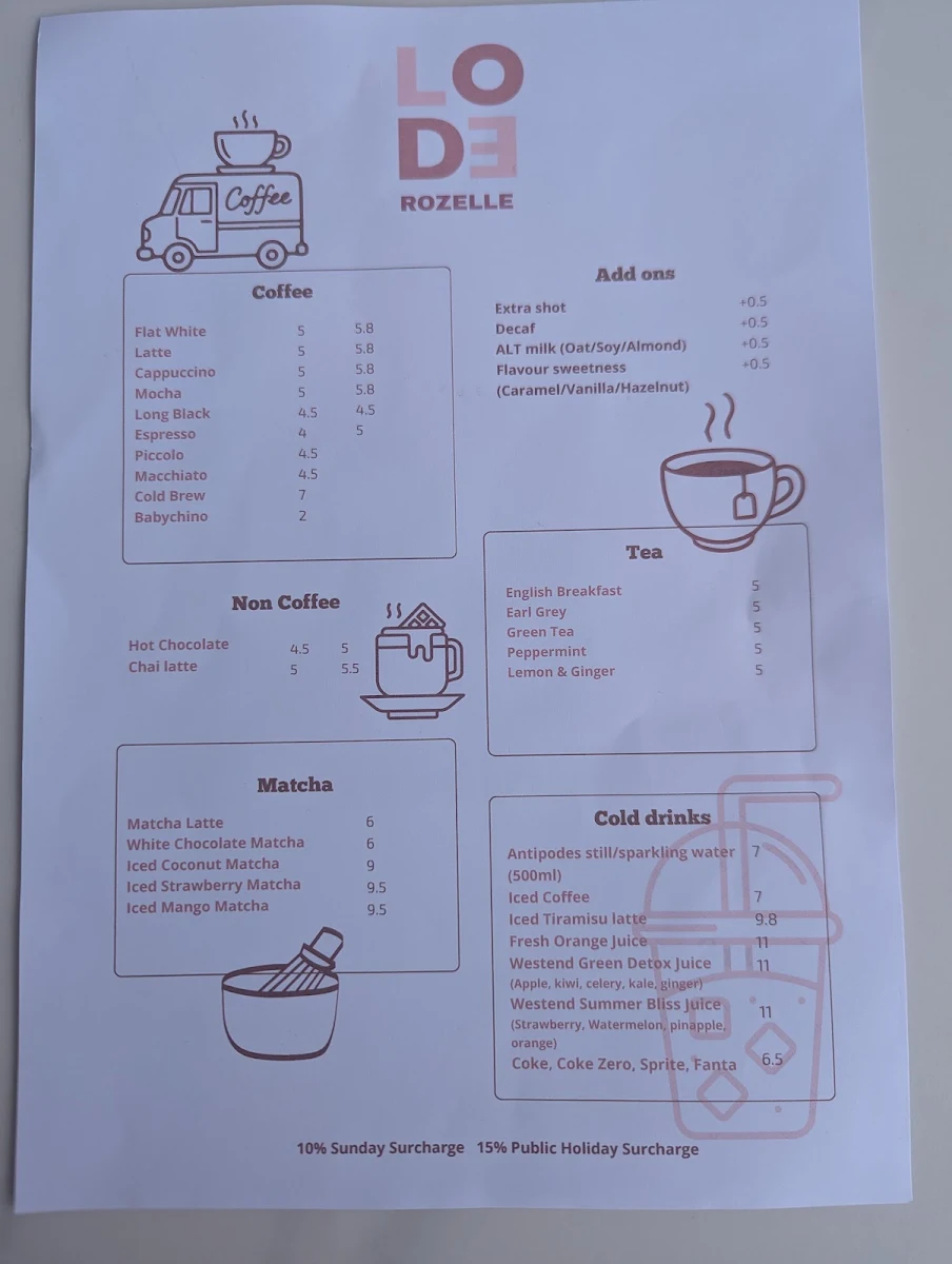 Menu, Lode Pies & Pastries Rozelle