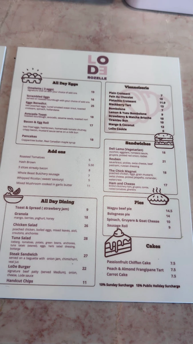 Menu, Lode Pies & Pastries Rozelle