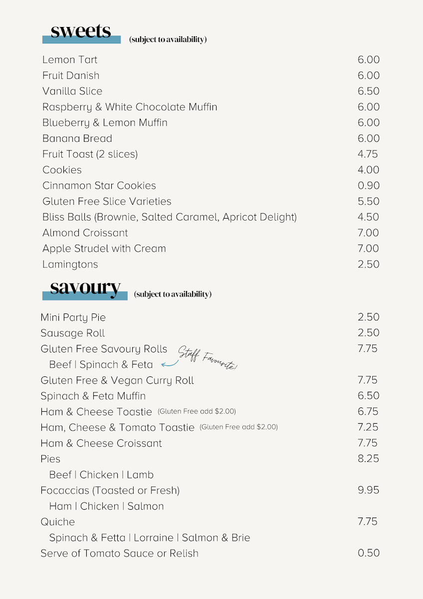 Menu, Rivulet Cafe
