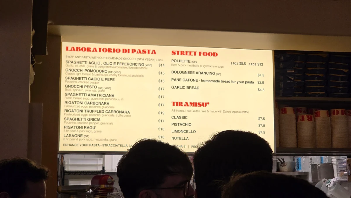 Menu, Remo’s Pasta and Tiramisù