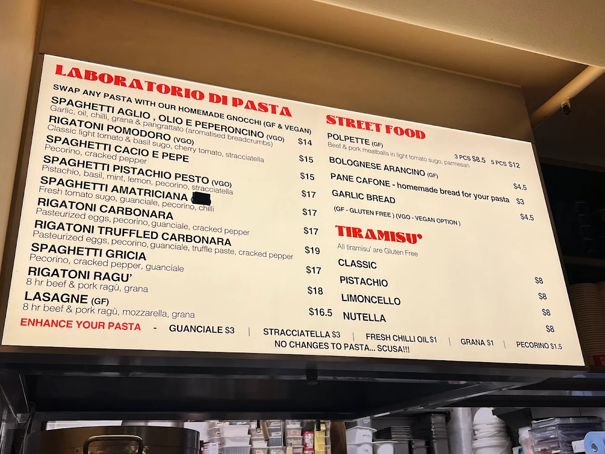 Menu, Remo’s Pasta and Tiramisù