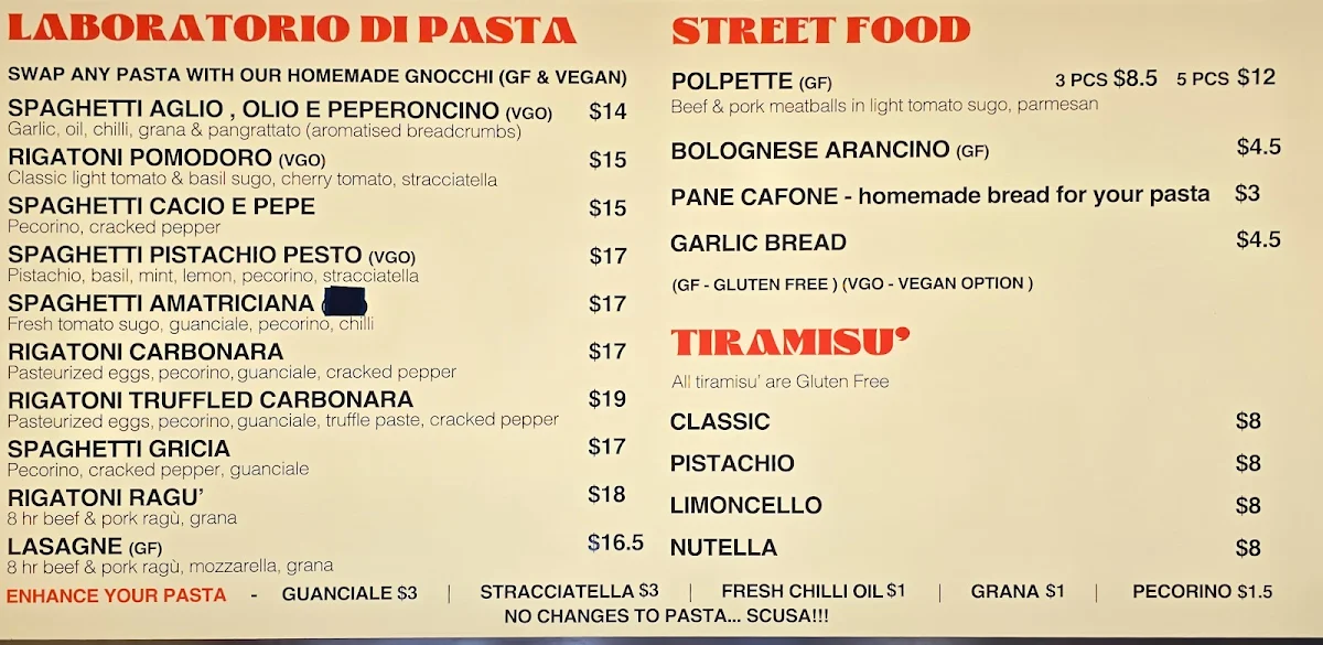 Menu, Remo’s Pasta and Tiramisù